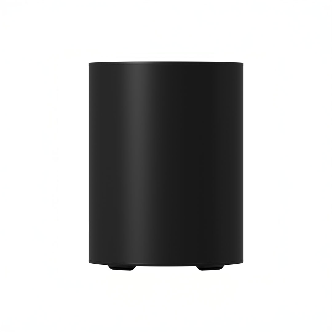 Sleek black cylindrical electronic device, minimalist design.