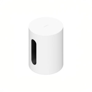 White cylindrical speaker subwoofer on white background.