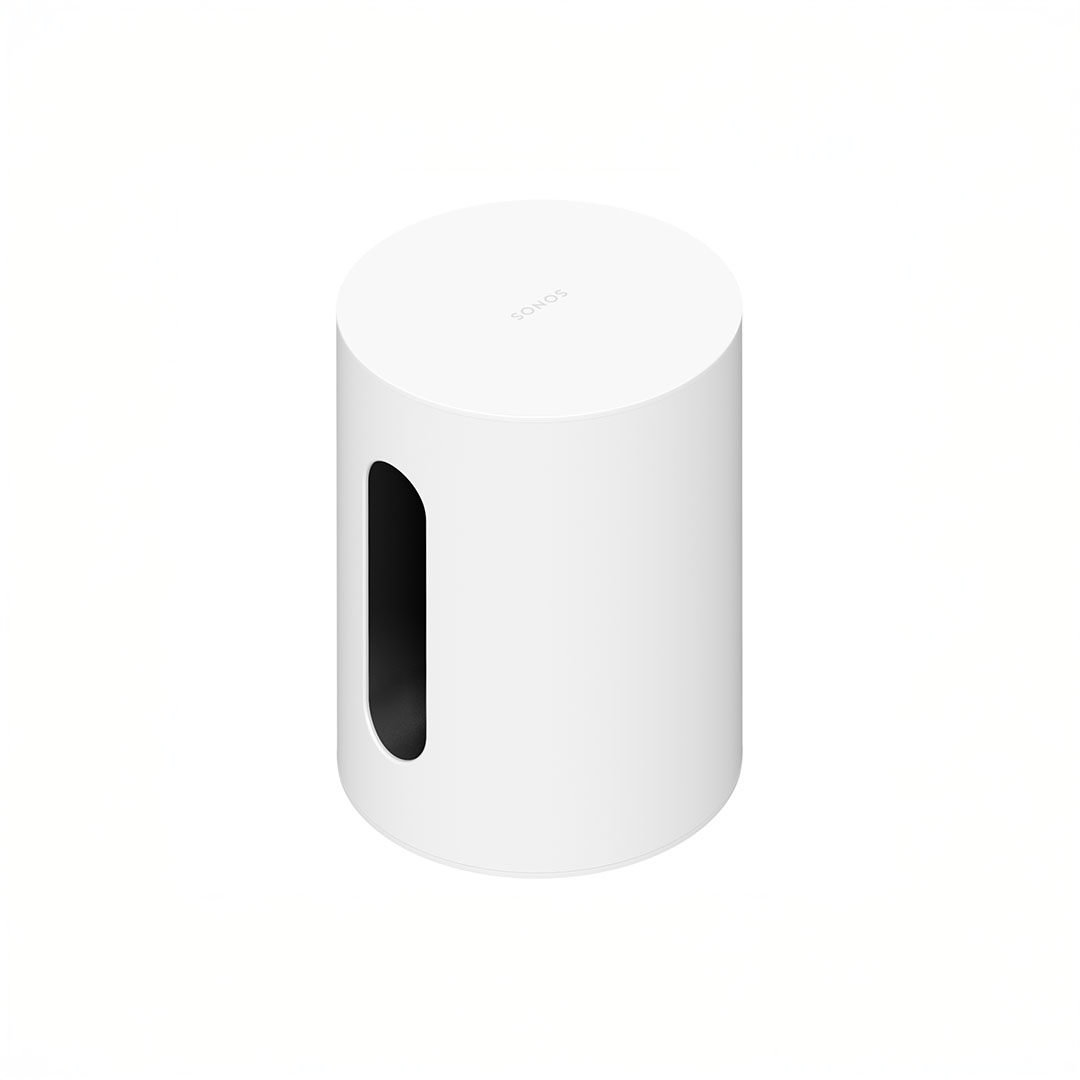White cylindrical speaker subwoofer on white background.