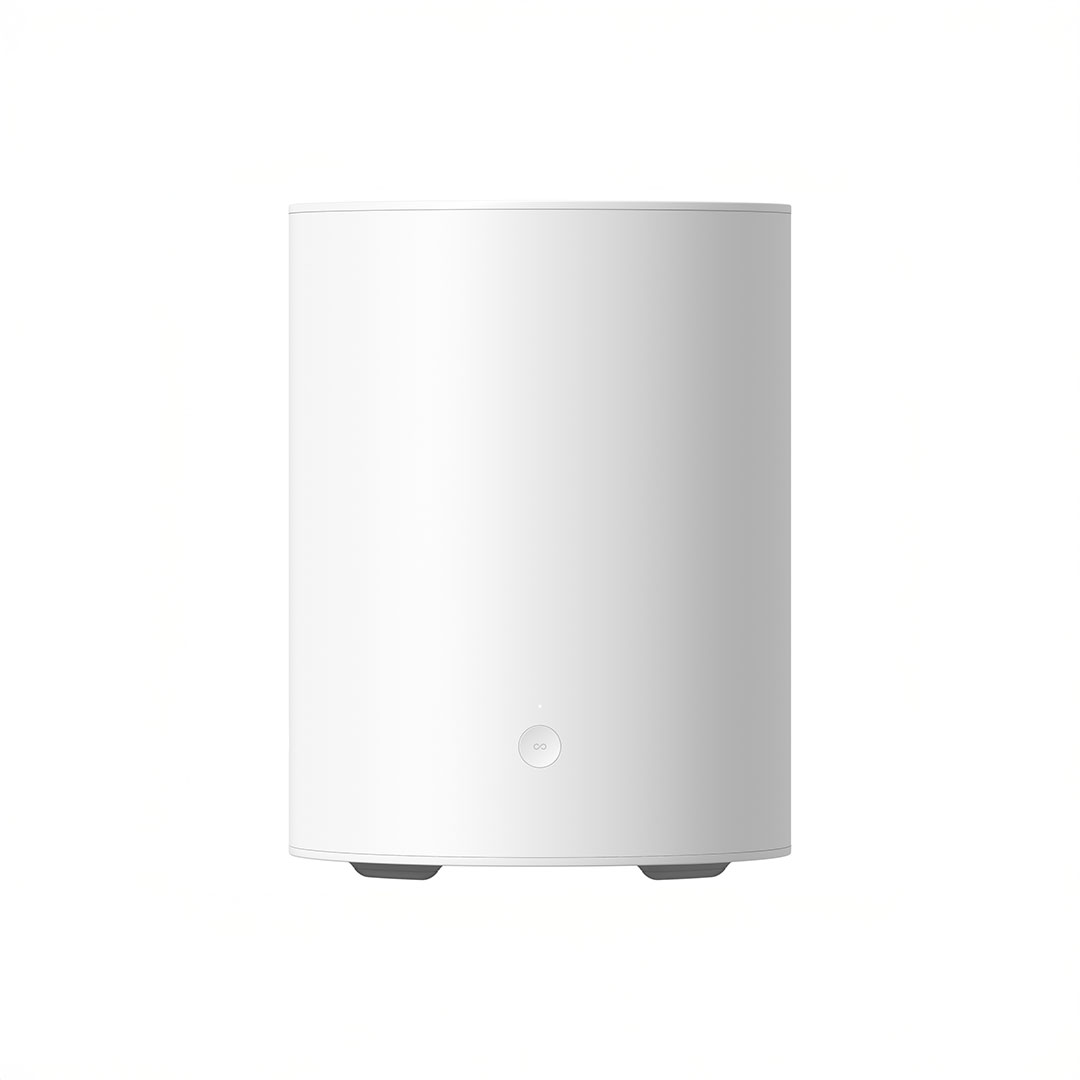Modern white cylindrical air purifier on plain background.