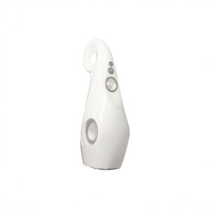 Modern white sculptural speaker with multiple drivers.