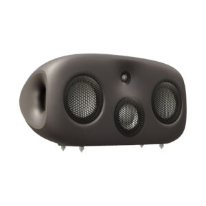 Modern black speaker with multiple drivers.