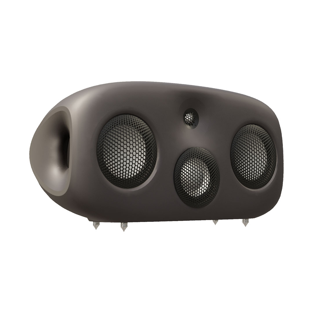 Modern black speaker with multiple drivers.