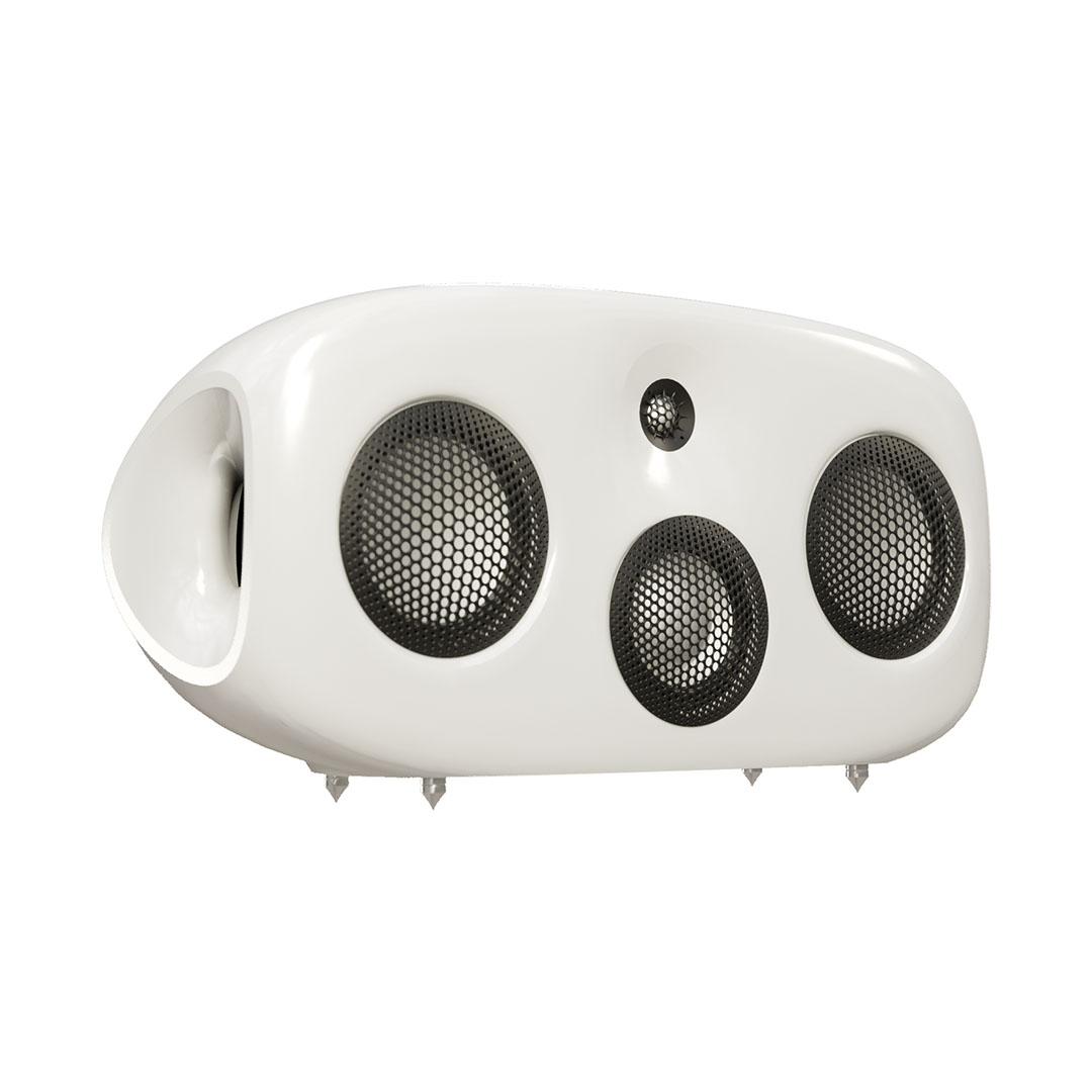 Modern white speaker with multiple black grilles