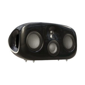 Black modern speaker with three round grilles.