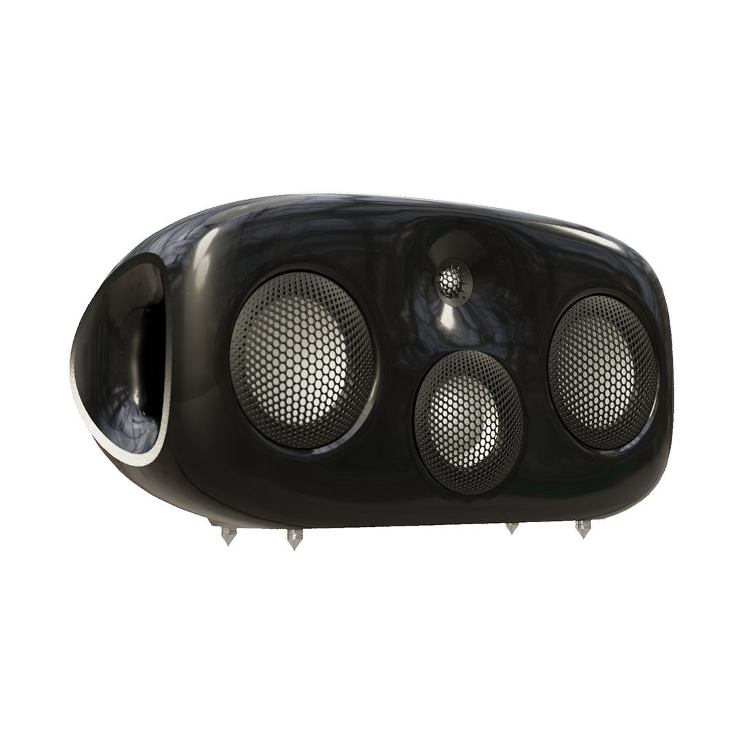 Black modern speaker with three round grilles.