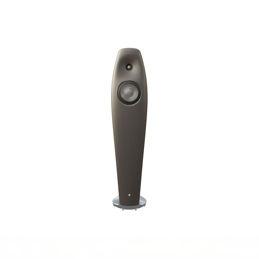 Tall black floor speaker with front grill