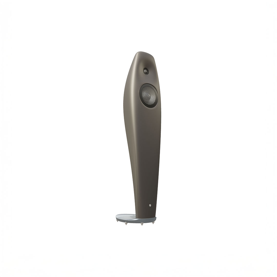 Sleek modern floor-standing speaker, gray color.