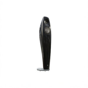 Tall black modern speaker on white background.