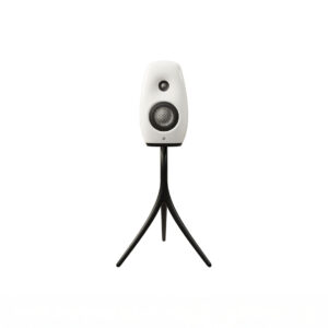 Modern white speaker on black stand.