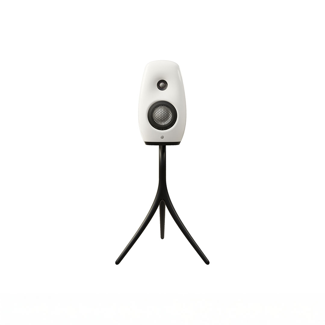 Modern white speaker on black stand.