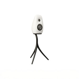 Modern white speaker on tripod stand.