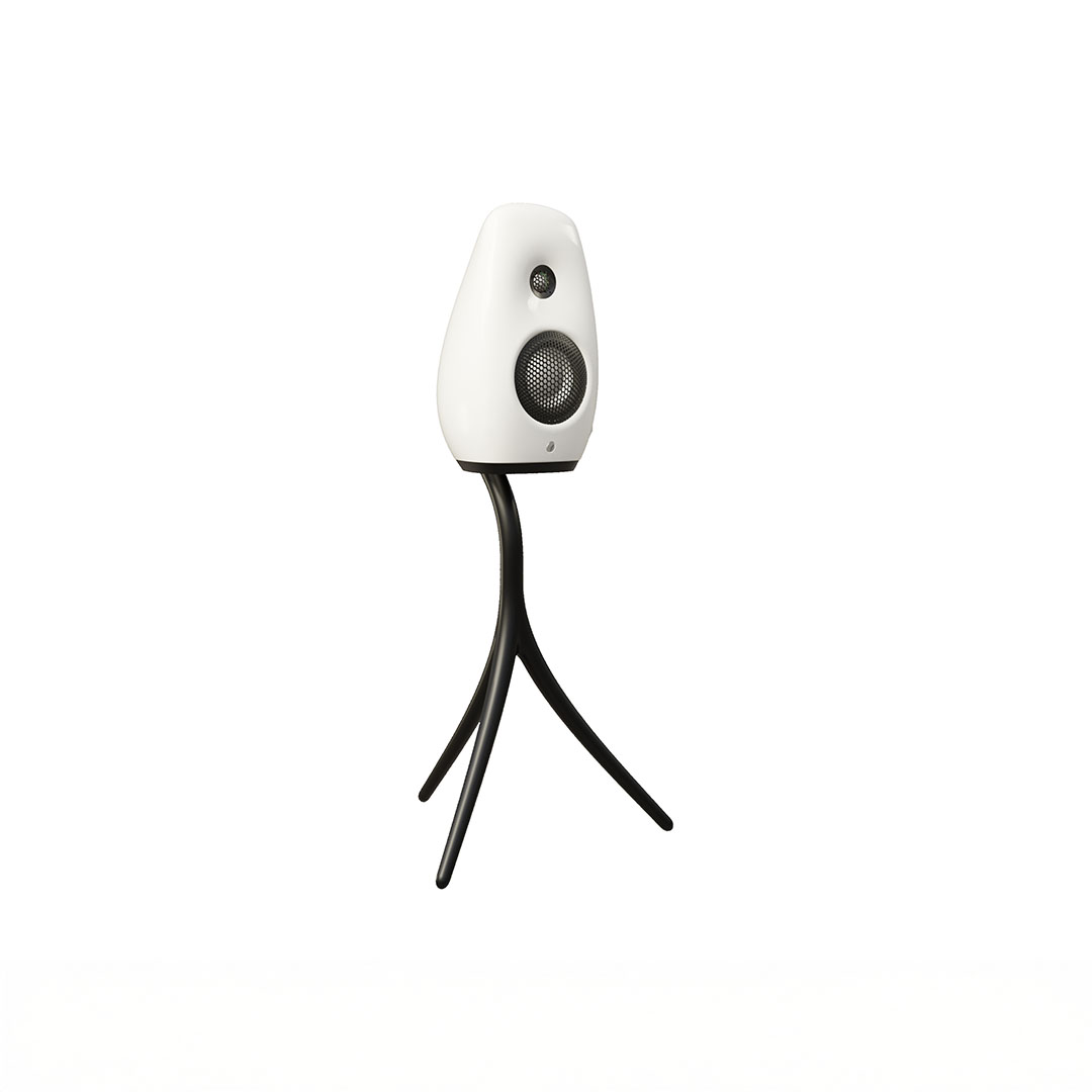 Modern white speaker on tripod stand.