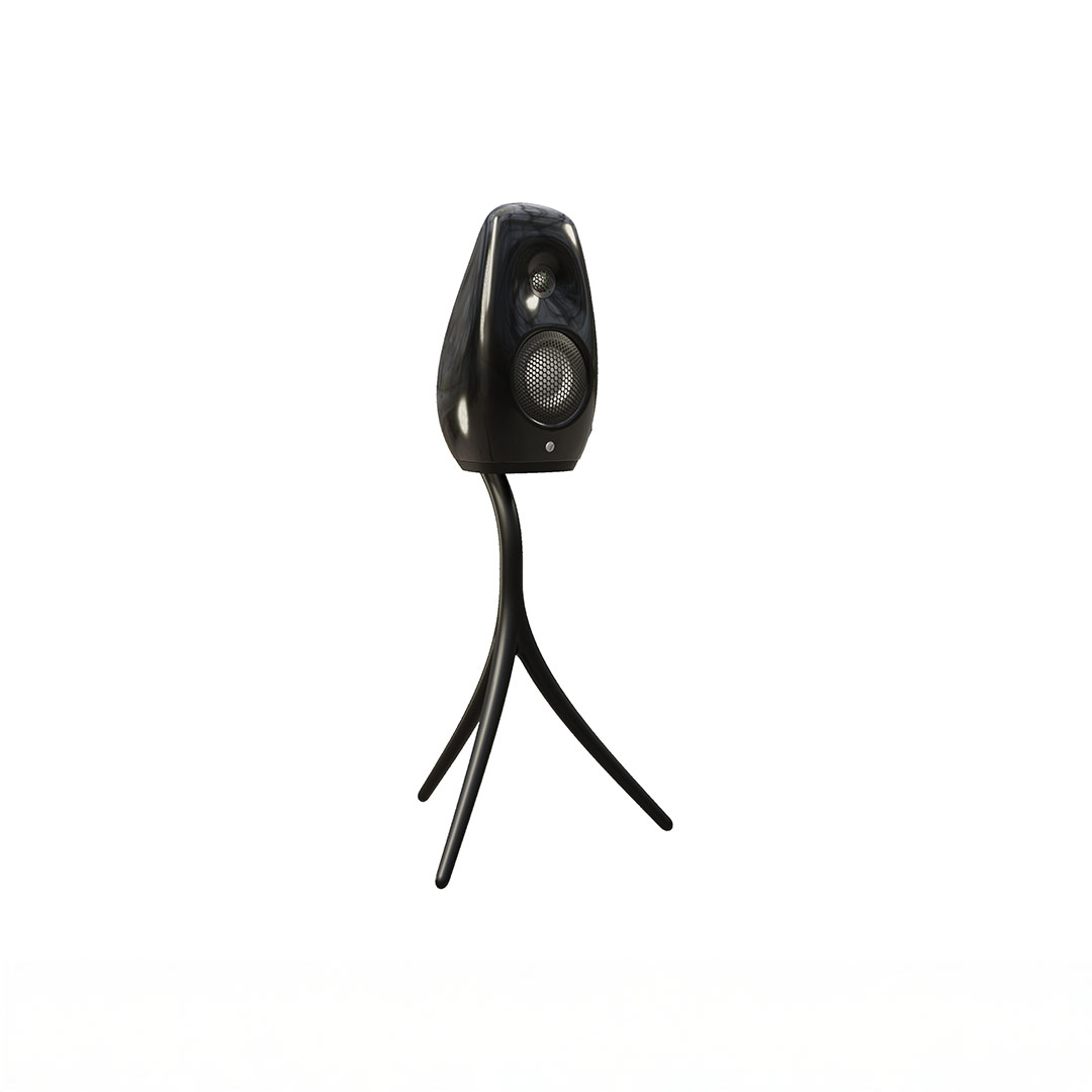 Modern black speaker on stylish tripod stand.