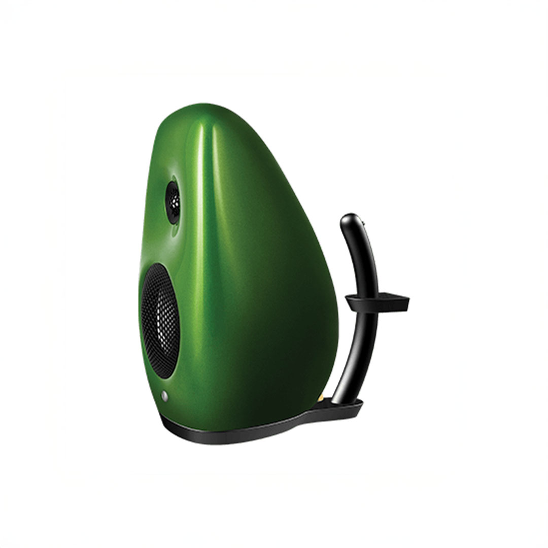 Green futuristic speaker design with black stand
