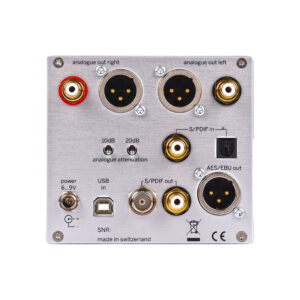 Audio device back panel with various input/output ports.