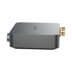 Sleek gray audio amplifier with connectors