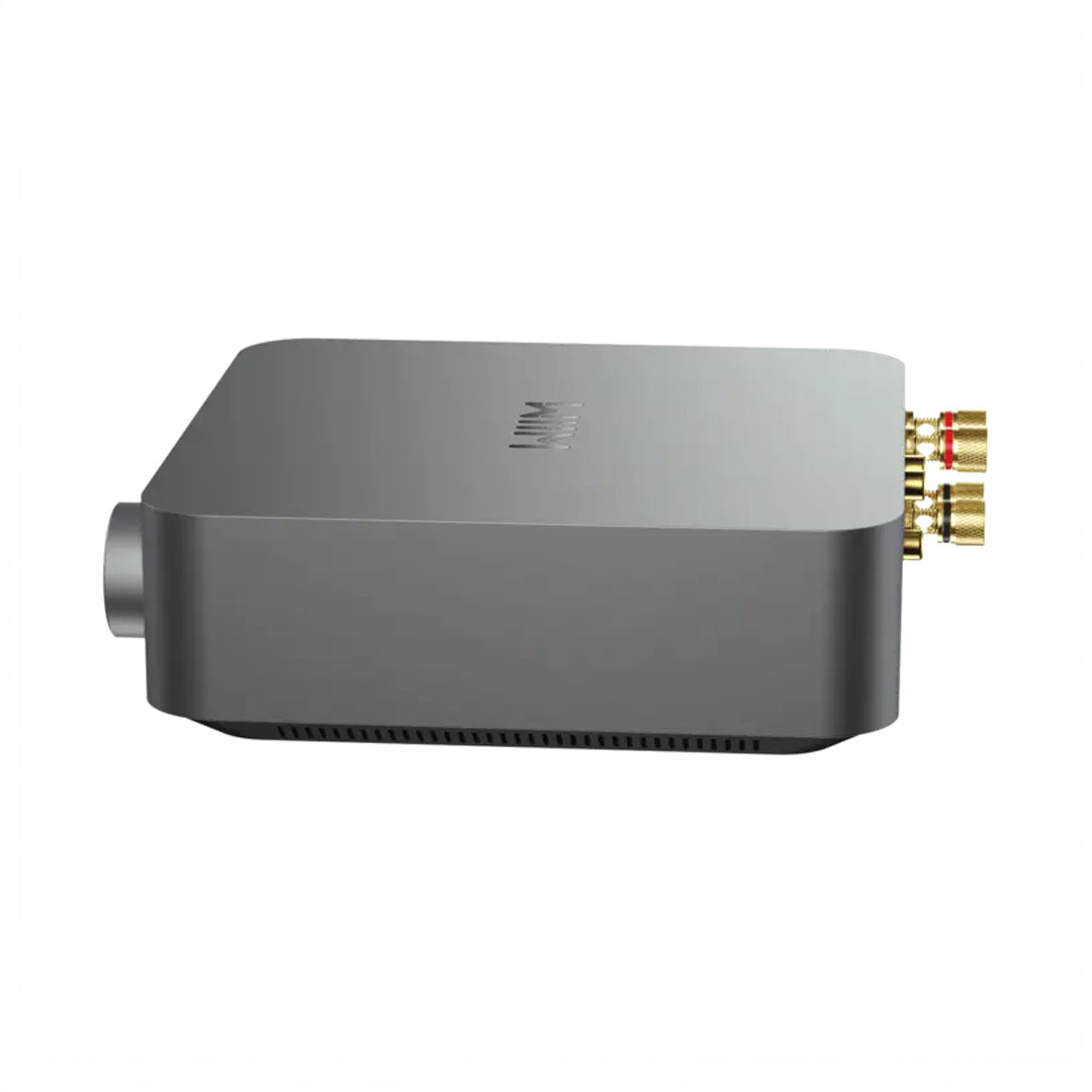 Sleek gray audio amplifier with connectors
