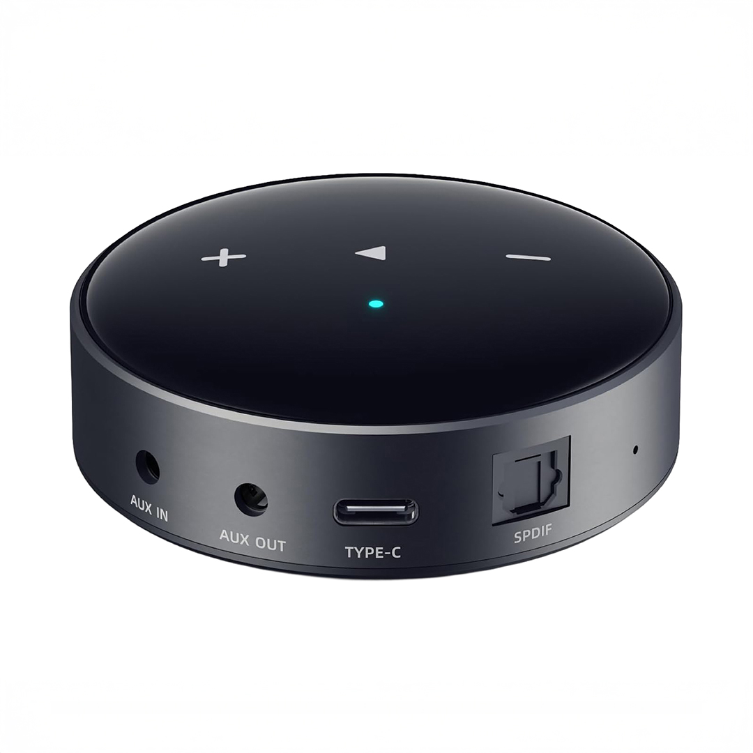 Bluetooth speaker control buttons on black surface.