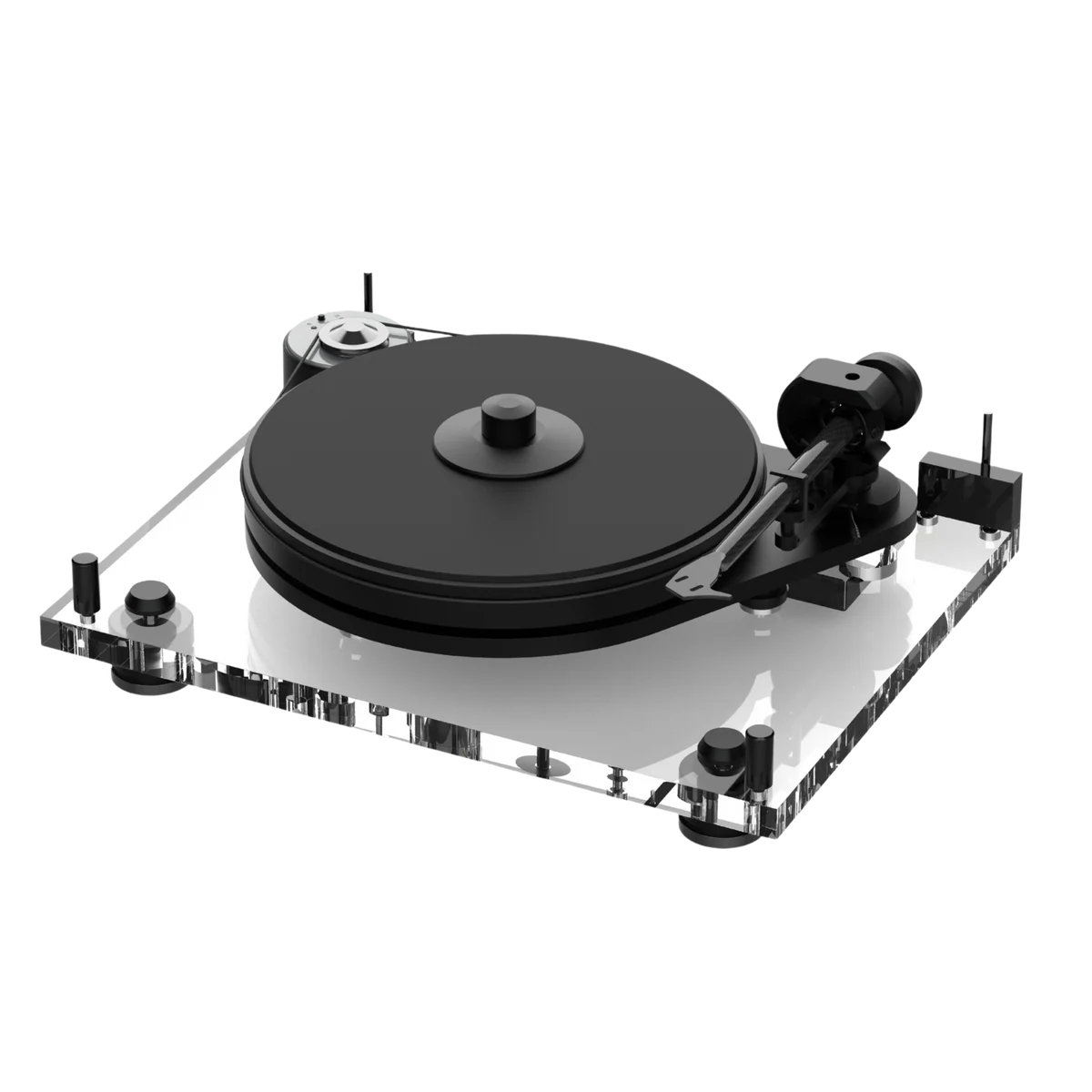 Modern turntable with transparent base and black platter.