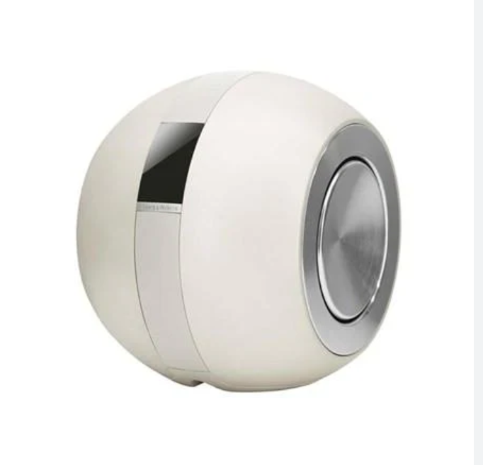 Modern spherical speaker with silver accents