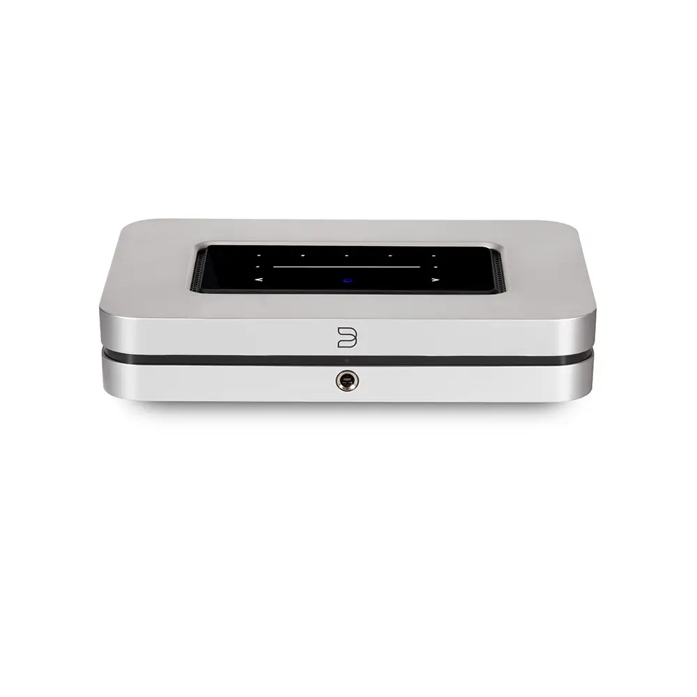 Silver audio streaming device, front view.