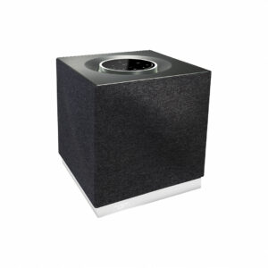 Black cube wireless speaker with top controls.