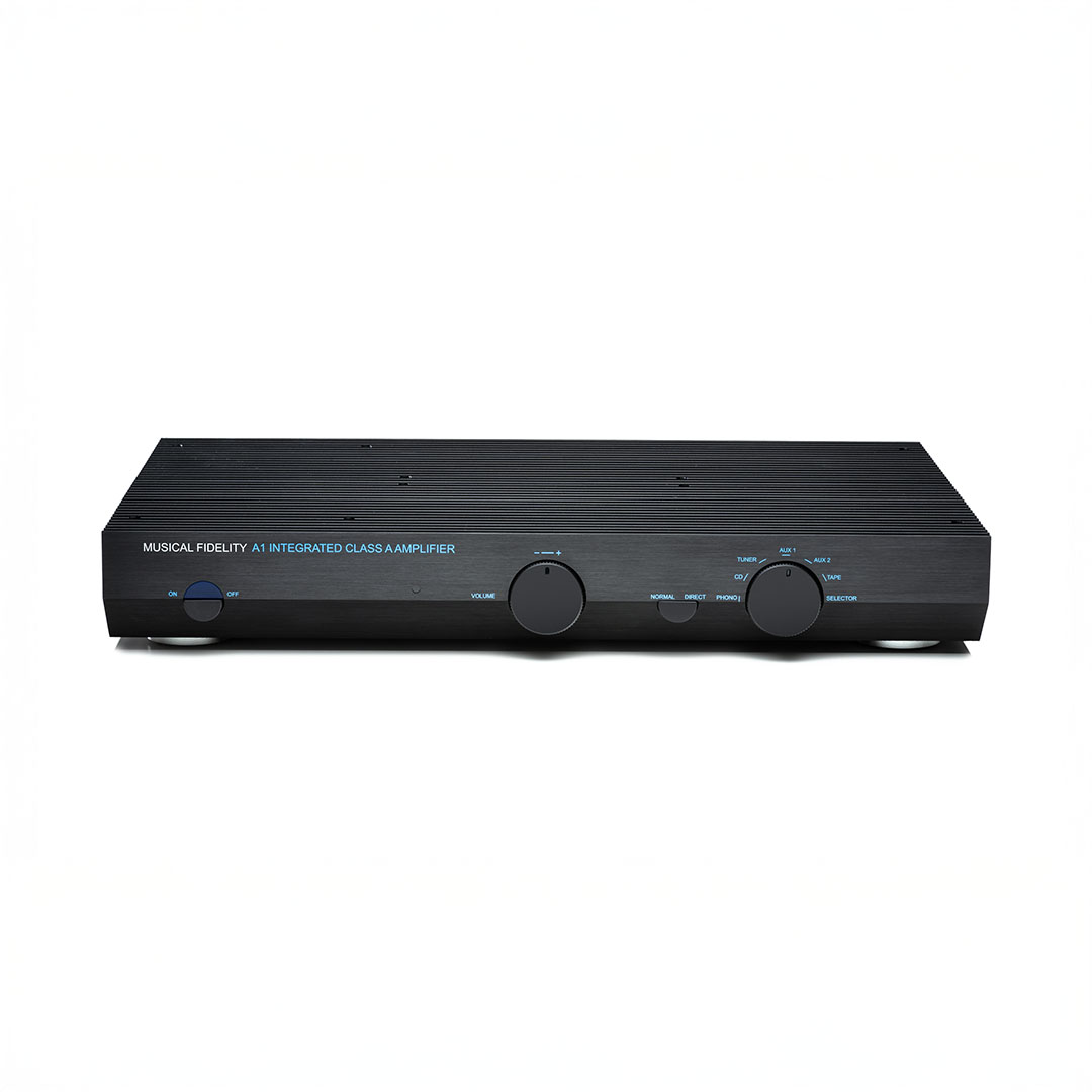 Black integrated audio amplifier with control knobs.