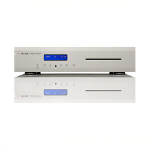 Silver CD player with blue display screen.