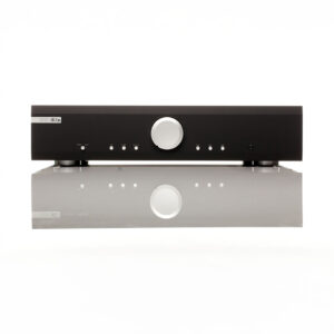 Front view of black audio amplifier