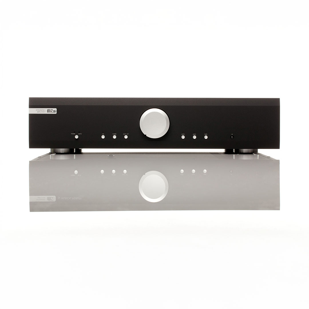 Front view of black audio amplifier