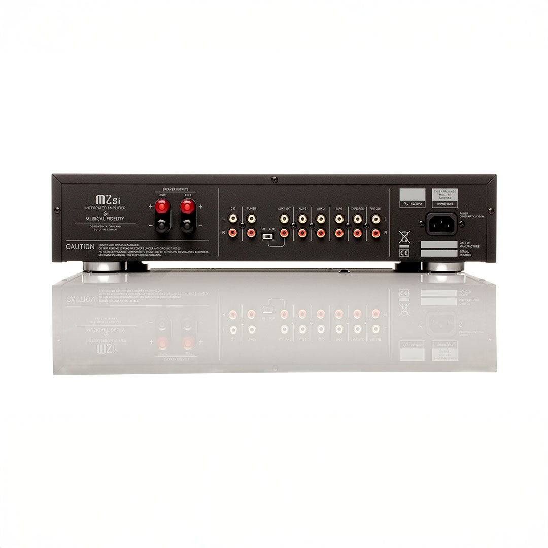 Back view of M2si integrated amplifier, connections visible.