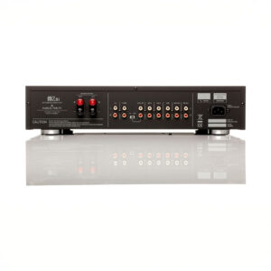 Rear view of audio amplifier with various inputs.