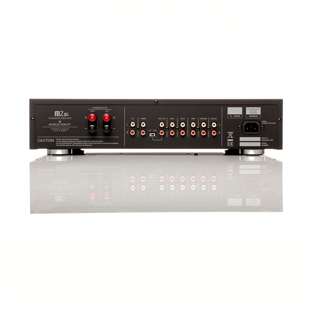 Rear view of audio amplifier with various inputs.