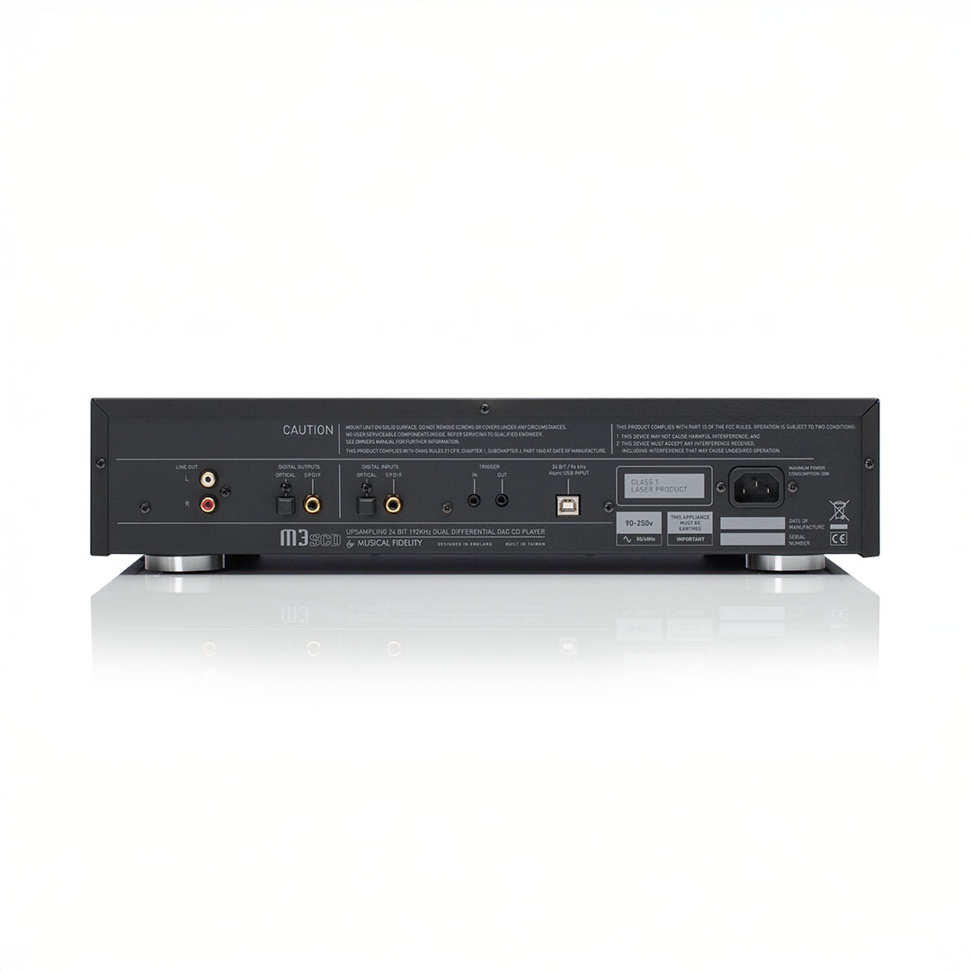 Back view of audio CD player with input ports.