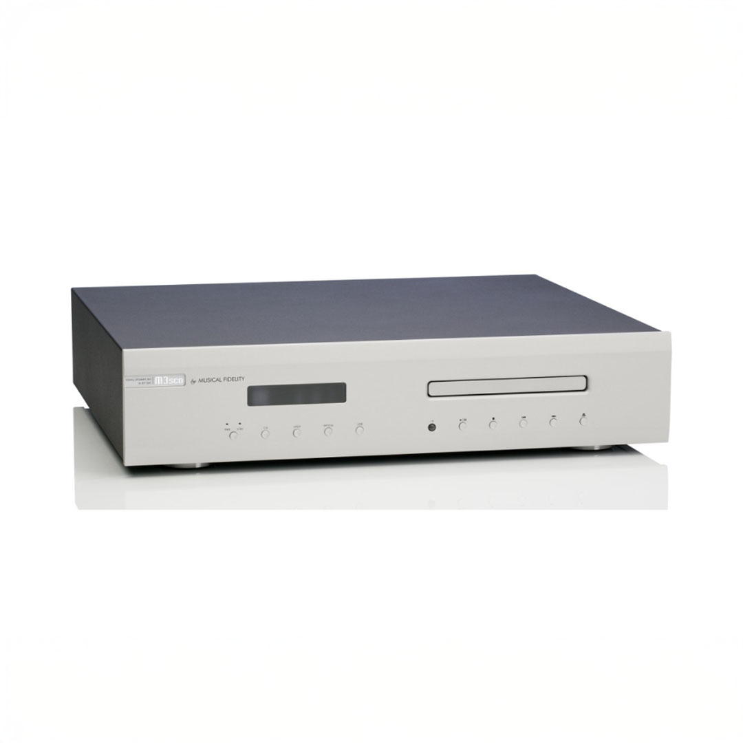 Gray audio CD player on white background.