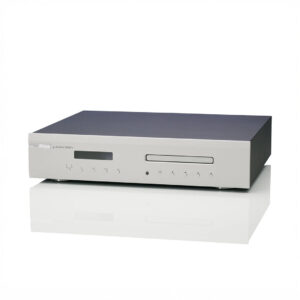 Silver CD player with digital display and buttons.