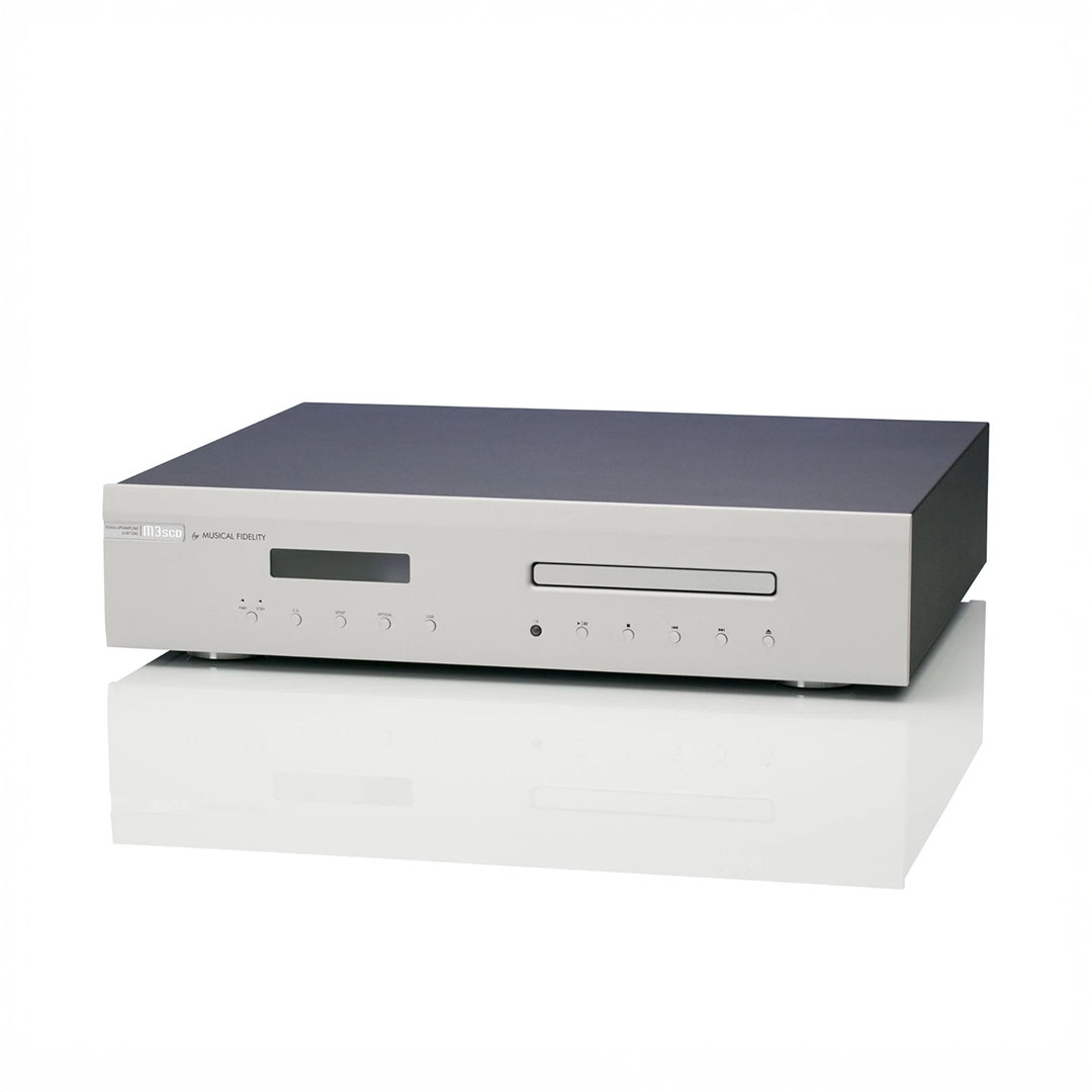 Silver CD player with digital display and buttons.