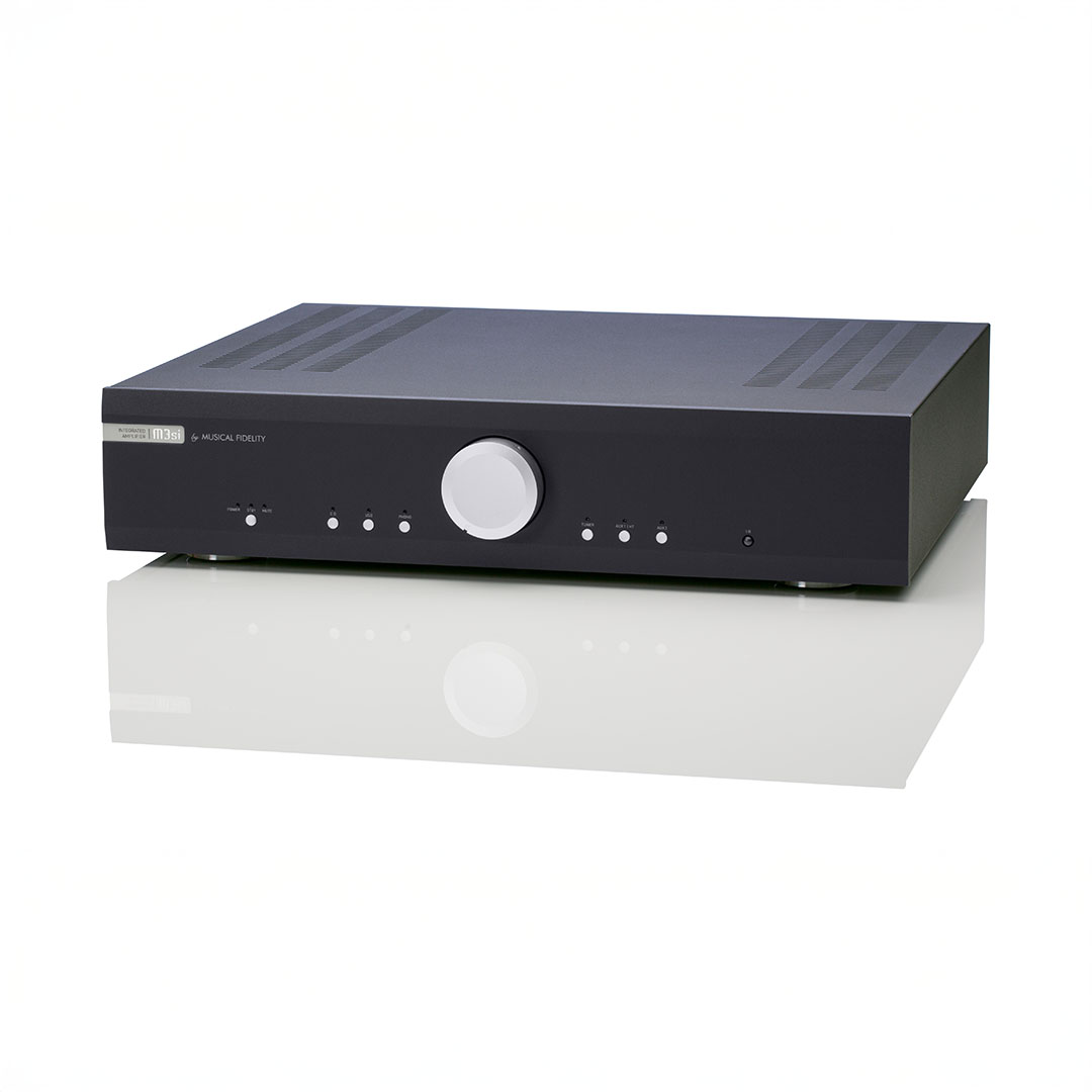 Black Musical Fidelity audio amplifier on white background.