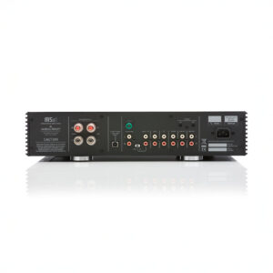 Back view of integrated audio amplifier with connections.