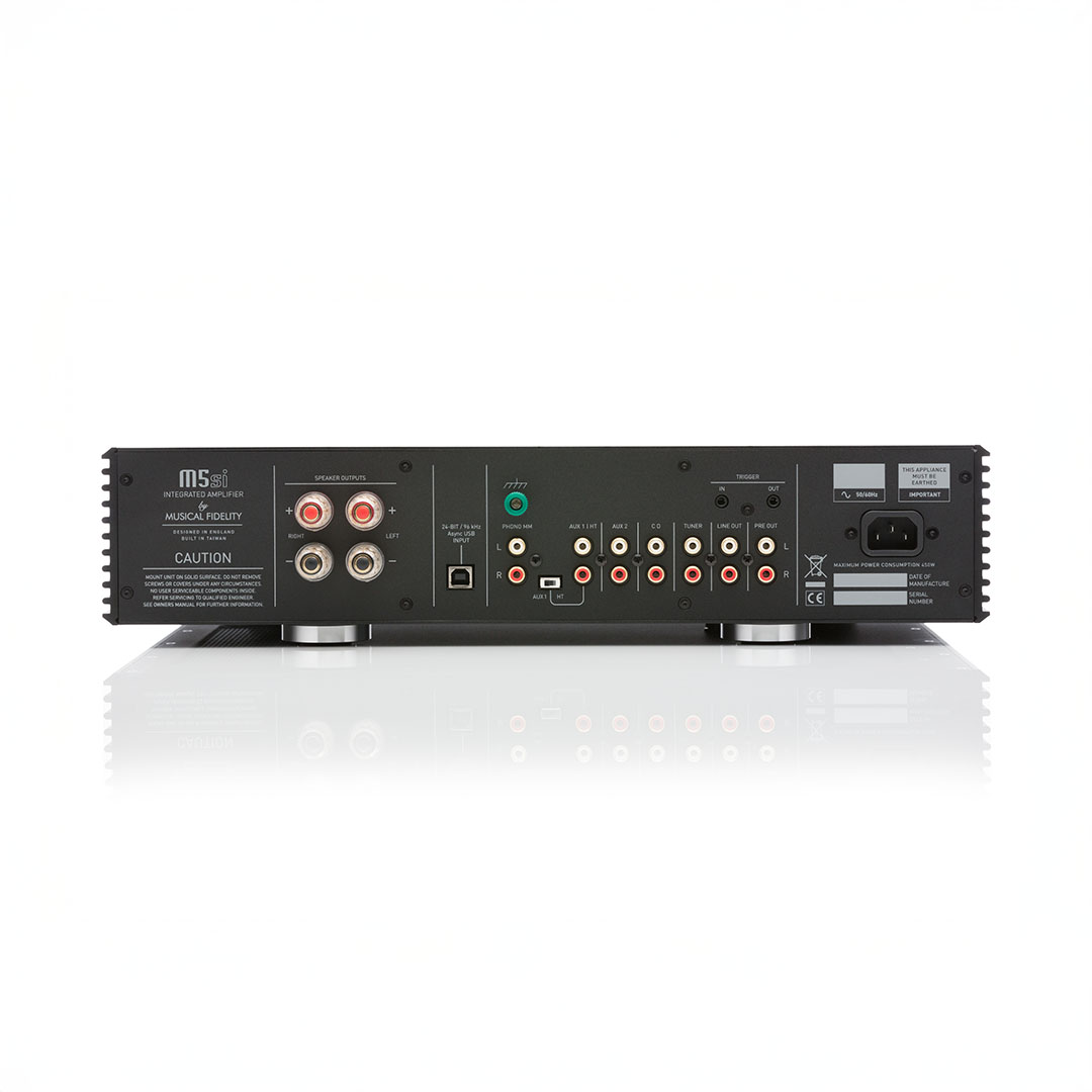 Back view of integrated audio amplifier with connections.