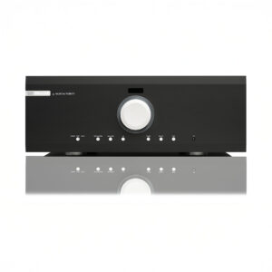 Black stereo amplifier with control knobs