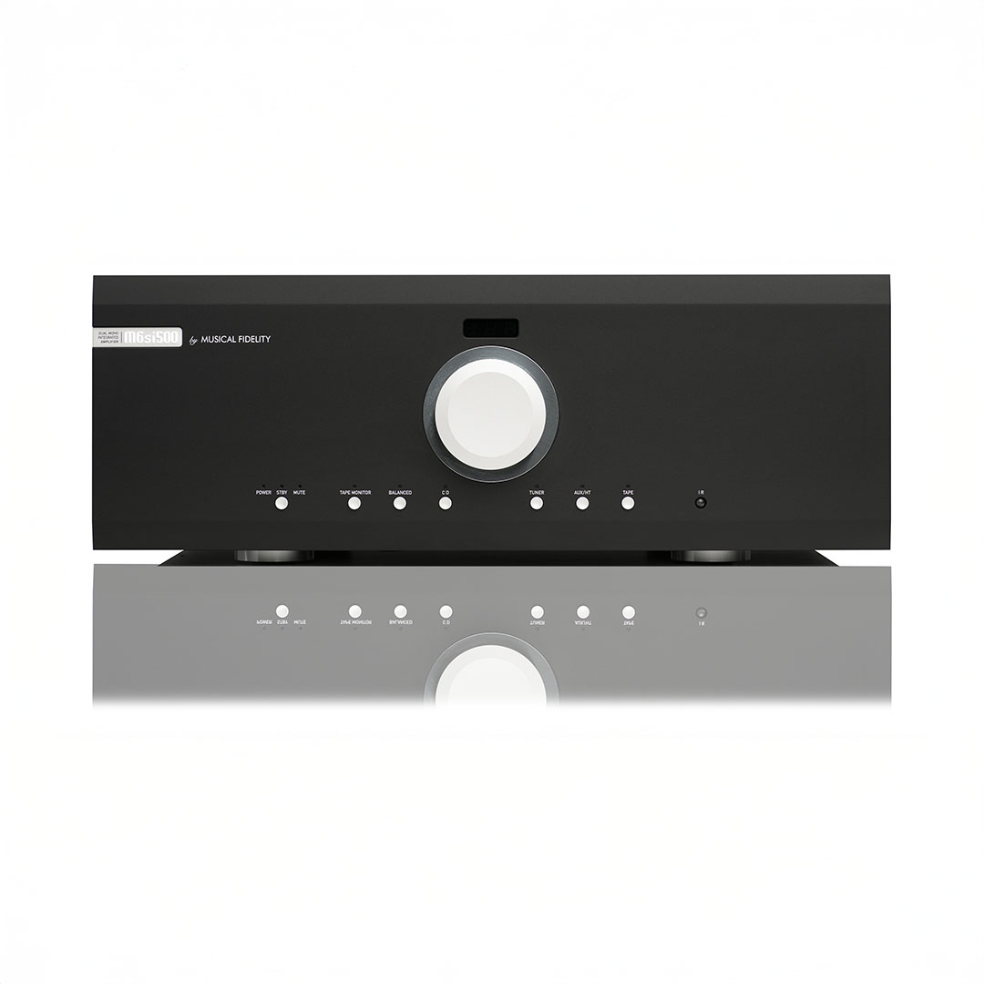 Black stereo amplifier with control knobs