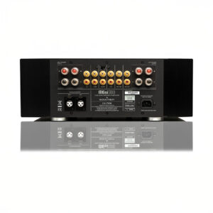 Rear view of audio amplifier with various ports.