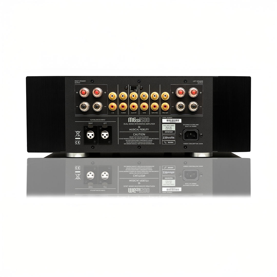 Rear view of audio amplifier with various ports.