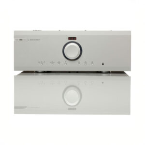 Silver audio amplifier with front control panel.