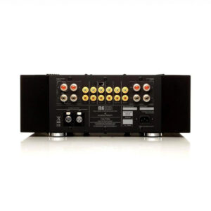 Back view of audio amplifier with multiple connections.