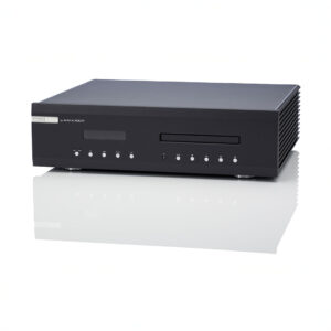 Black audio equipment on white background.