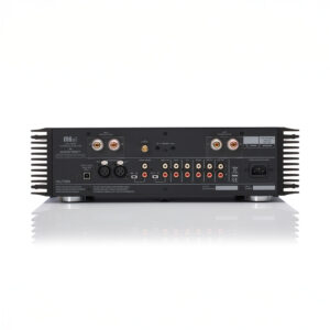 Audio amplifier rear panel with various input ports.