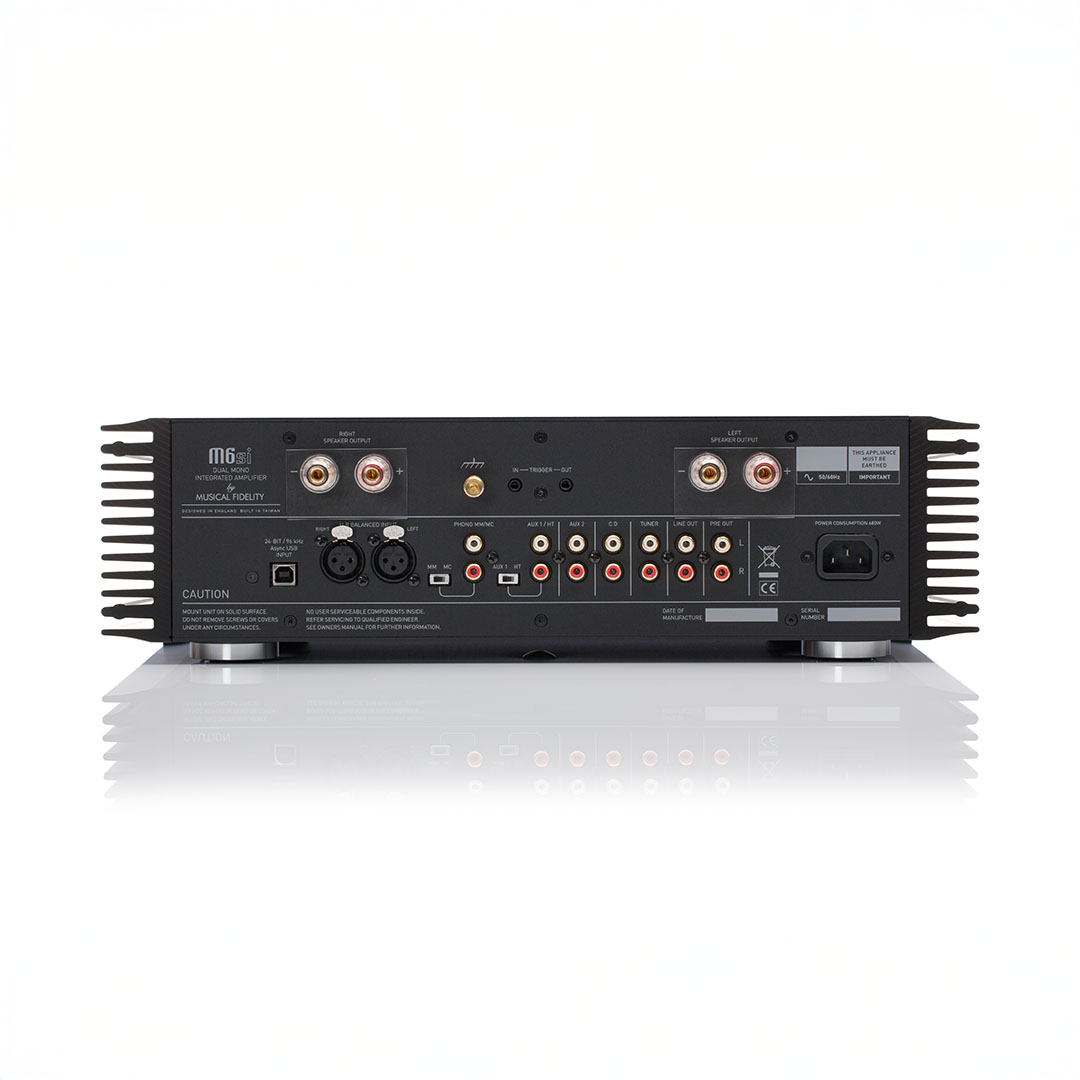 Audio amplifier rear panel with various input ports.